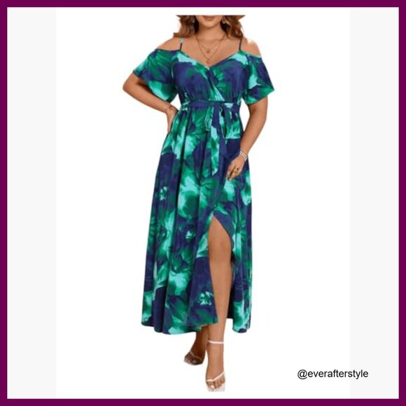 Cold Shoulder Maxi Dress with Split Thigh and Belted Waist - Picture 6 of 7